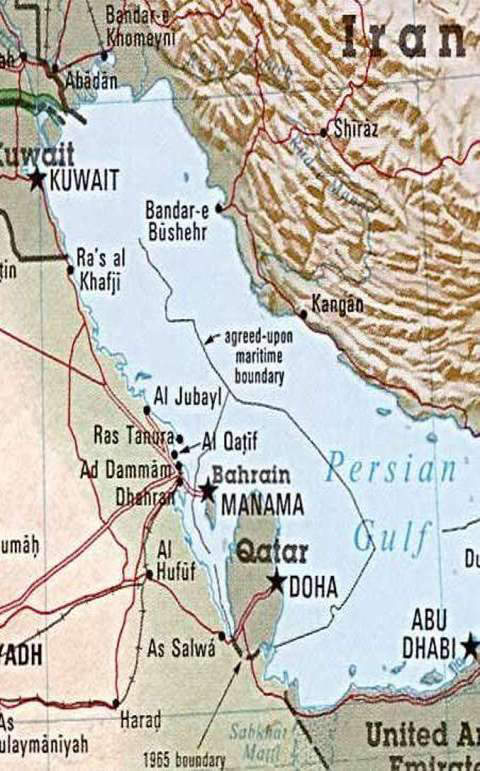 Map of the Persian Gulf, showing the pearling centers of Kuwait, Al-Qatif, Bahrain, Abu Dhabi on the Arabian side of the gulf and Bushehr on the Persian side of the gulf.