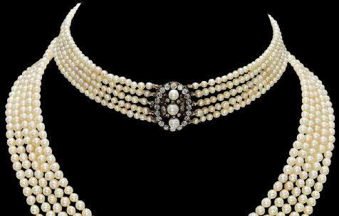5 row antique natural pearl and diamond necklace