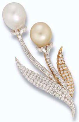 A cultured pearl and diamond spray brooch