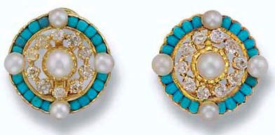 A Pair of Cultured Pearl, Turquoise and Diamond Earclips