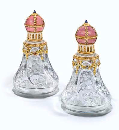 A Pair of Russian Jewelled Guilloche Enamelled Vari-Color Gold Mounted Cut Glass Scent Bottles 