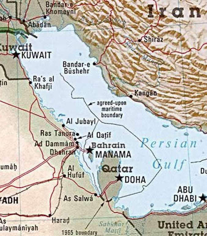 Map of the Persian Gulf, showing the east coast of Saudi Arabia, Al Qatif and Baharain.