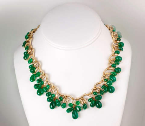 Another view of the Julius Cohen 18k yellow-gold emerald and diamond necklace