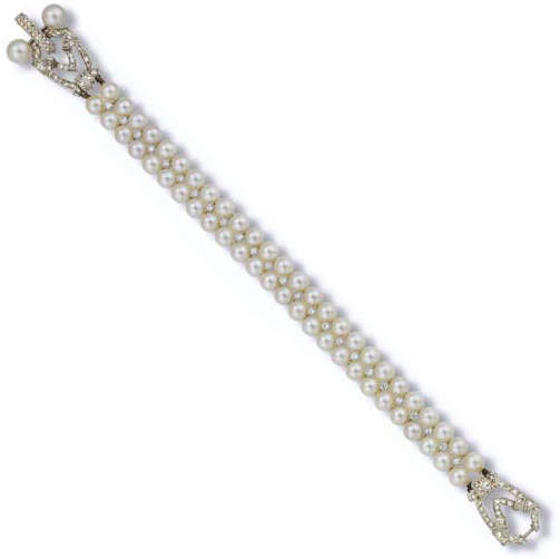 An art deco cultured pearl and diamond bracelet