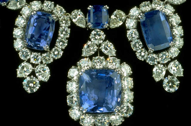 Close-up of Hall Sapphire and Diamond Necklace with fringes further enlarged