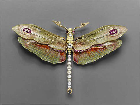 Art Nouveau dragon fly pearl brooch with rubies and diamonds