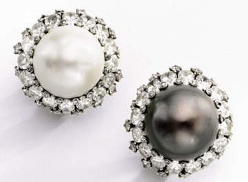Duchess of Windsor Black and White Natural Pearl and Diamond Ear Clips