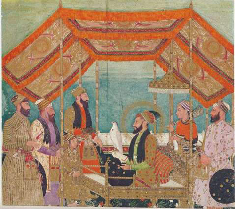 Emperor Aurangzeb holding court seated on a golden throne.Shaista Khan stands behind prince Muhammad Azam. The Emperor is holding a hawk with his right hand. 