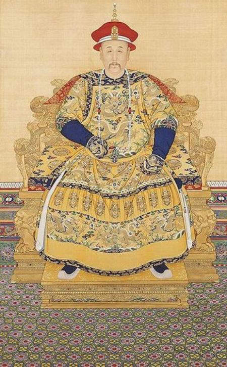 Emperor Yongzheng seated on his throne with ceremonial court dress including an identical Chaozhu.