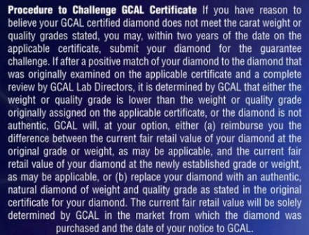 The Back Cover of the GCAL Diamond ID Certificate
