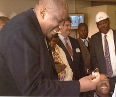 His Majesty Letsie III, King of Lesotho holding the Star of Lesotho rough diamond during the official opening ceremony of the Letseng Diamond Mine in November 2004 