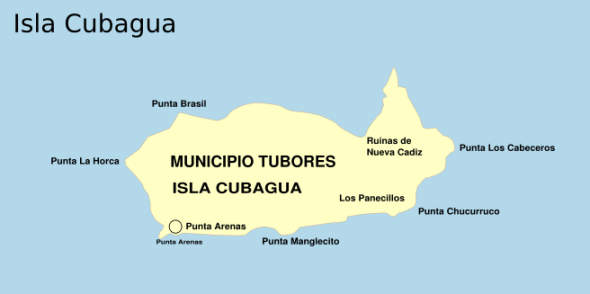 Island of Cubagua indicating the location of the ruins of the early 16th-century city of New Cadiz 