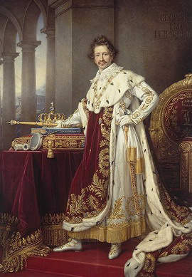 Ludwig I (Louis I) of Bavaria standing beside the Bavarian Crown mounted with the original Wittelsbach diamond. 