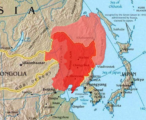 Outer Manchuria (light red) and Inner Manchuria (dark red & medium red)
