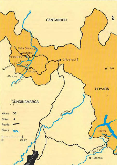 Map of Boyaca district of Colombia showing the two principal emerald mining districts of Muzo and Chivor 