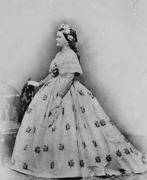 First Lady Mary Todd Lincoln, wife of President Abraham Lincoln wearing the Tiffany seed pearl jewelry suite. Photograph taken at the Washington studio of Mathew Brady.