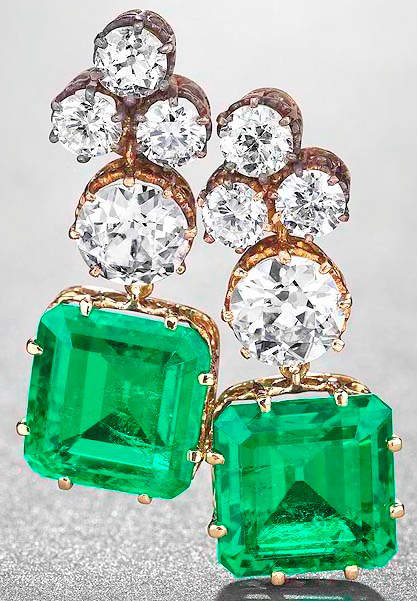 Matching pair of emerald and diamond earrings created by Van Cleef &Arpels from the original Simon Patino emerald and diamond necklace 