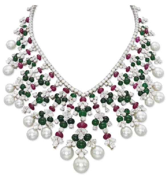 Diamond, Emerald, Ruby and Cultured Pearl Fringe Necklace