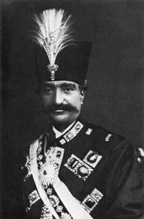 Nasser al-Din Shah - wearing some of the famous diamonds in the Iranian treasury as brooches, one of which is the rectangular table-cut Darya-i-Nur 