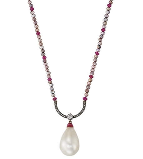 Natural pearl, diamond and ruby pendant necklace