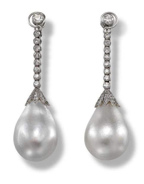 Pair of natural pearl and diamond drop earrings once owned by Elena Lupescu 