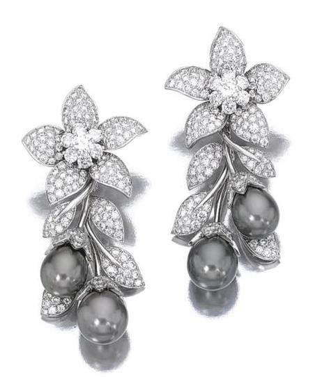 A Pair of Pearl and Diamond Earclips