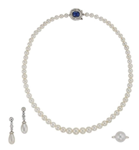 Pearl jewelry suite consisting of a necklace, pair of pendent earrings and a ring