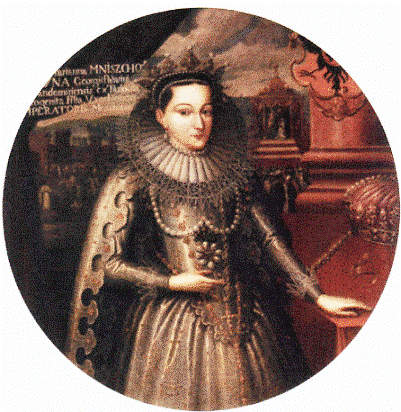 Portrait of Tsarina Marina Mniszech in coronation robes executed by Szymon Boguszowicz in oil on canvas around 1606 