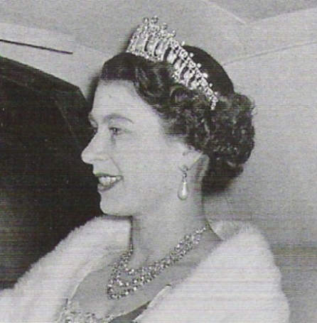 Queen Elizabeth II wearing the 1913 version of the Cambridge Lovers Knot Tiara. 