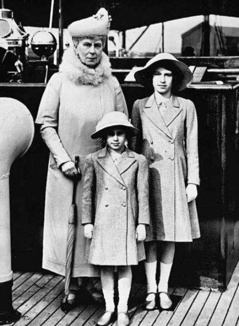 Queen Mary with her grandchildren Princess Elizabeth and Princess Margaret at the London Dockyard in 1939