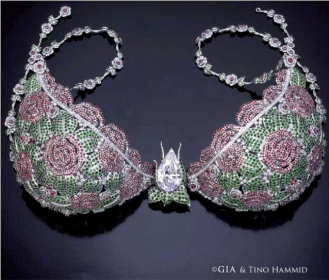 Replica of the fantasy bra with the Mouawad Mondera Diamond, owned by GIA- Made with cubic zirconia and synthetic gemstones. 