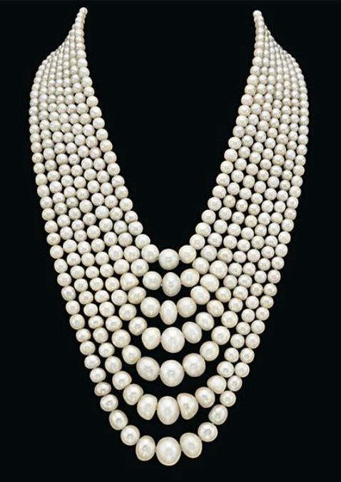 Seven-strand natural pearl and diamond necklace