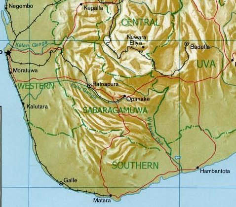 South Central region of Sri Lanka enlarged showing Sabaragamuwa Province, Ratnapura and the Kalu Ganga