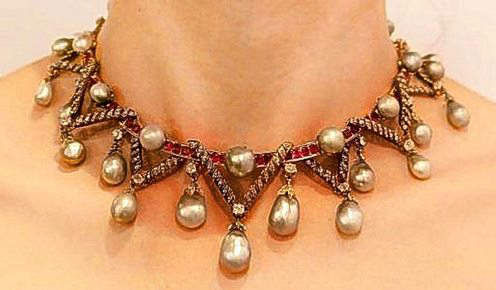 Sutherland Pearl Diamond and Ruby Zigzag Necklace incorporating Marie Antoinette's Pearls 