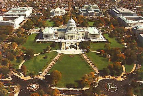 Aerial view of the Capitol Building and surroundings