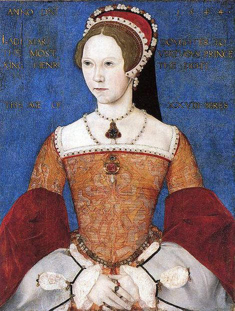 1544-portrait of Mary I by Master John showing her wearing a brooch set with colored stones and the La Peregrina hanging as a pendant