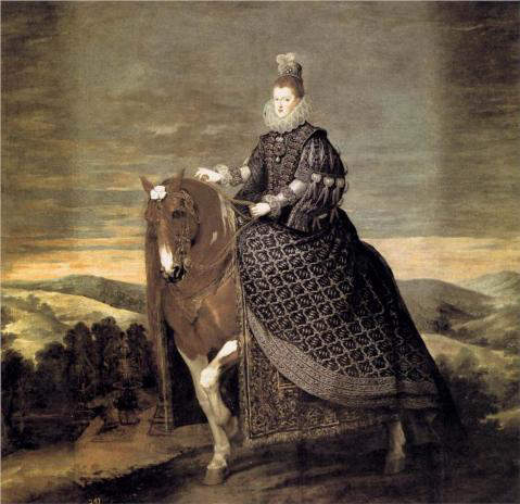 1635 Equestrian portrait of Margaret of Austria, Queen consort of King Philip III of Spain, by Diego Velazquez, depict her wearing a brooch with the La Peregrina pearl as a pendant 