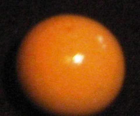 Intense orange Melo Melo pearl, a non-nacreous pearl, whose shimmering flame structure surpasses the beauty and iridescent effect of some nacreous pearls