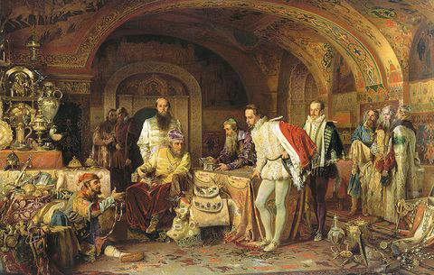 Ivan IV demonstrates his treasurers to the ambassador of Queen Elizabeth I of England, Jerome Horsey 